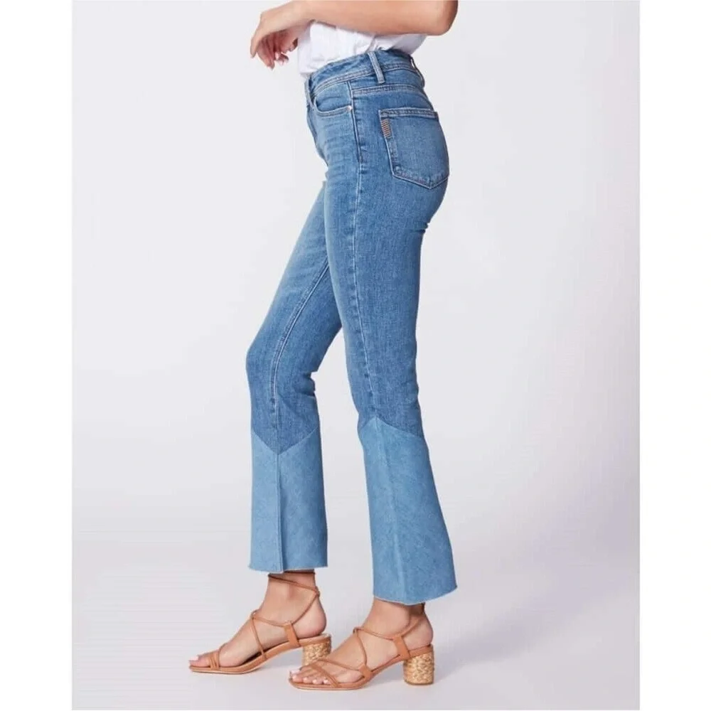 PAIGE Denim Colette Crop Flare Twisted Panel Raw Hem Jeans Size 24 - Picture 5 of 13